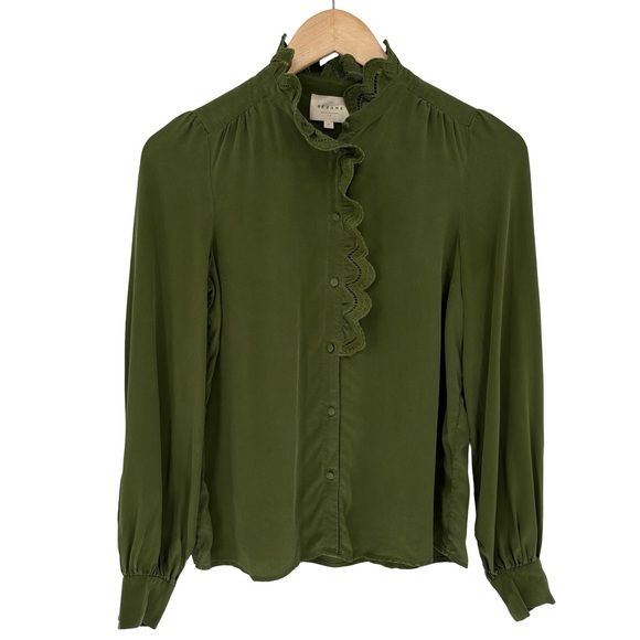 Sézane Chlo Embroidered 100% Silk Long Sleeve Blouse | Sz FR 32 (US 0) | Olive - Picture 2 of 16